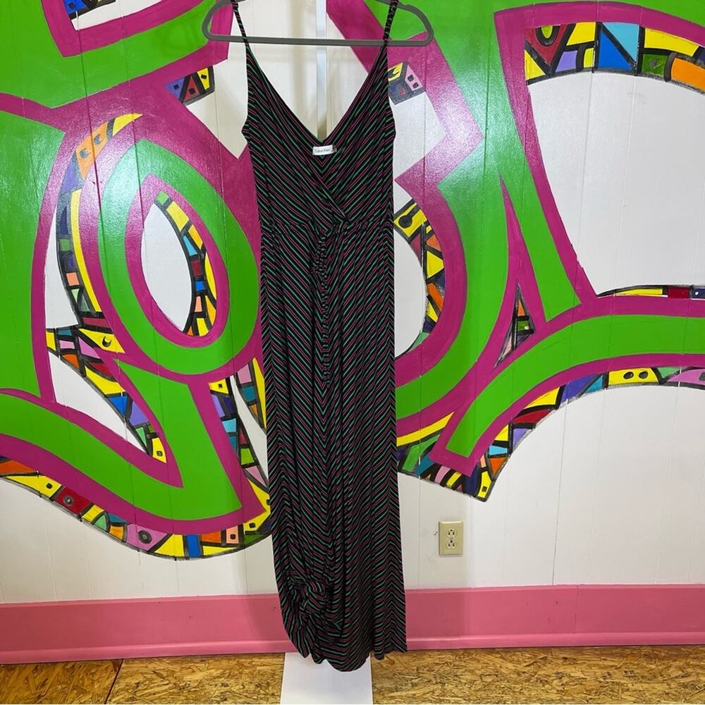 Calvin Klein Black Maxi Dress with Pink and Green Stripe Detail